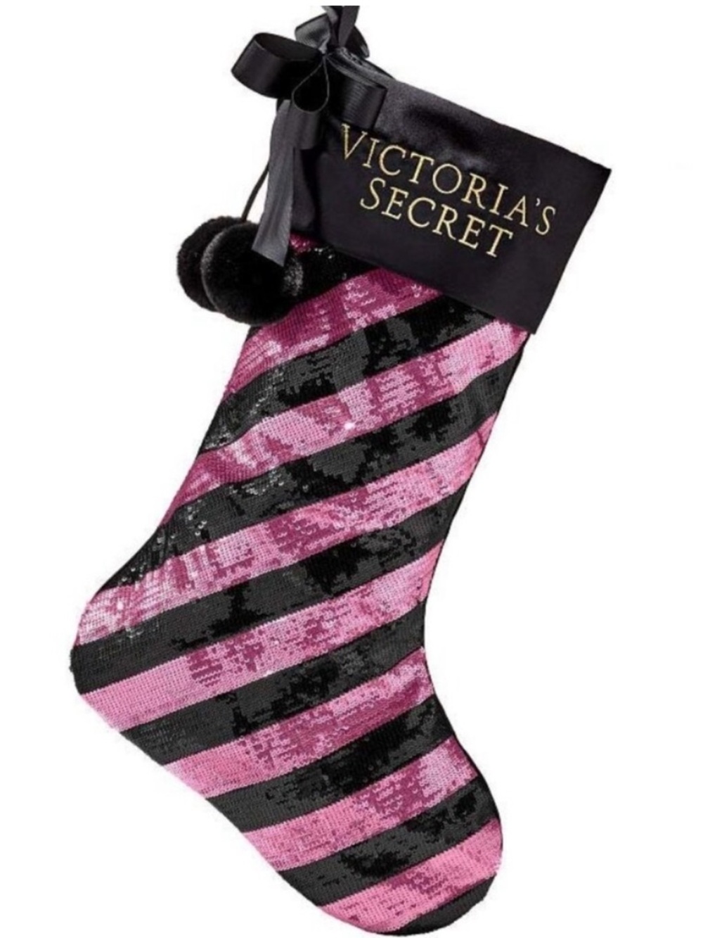 Victoria's Secret Pink and Black Pom Pom Striped Sequin Stocking NWT